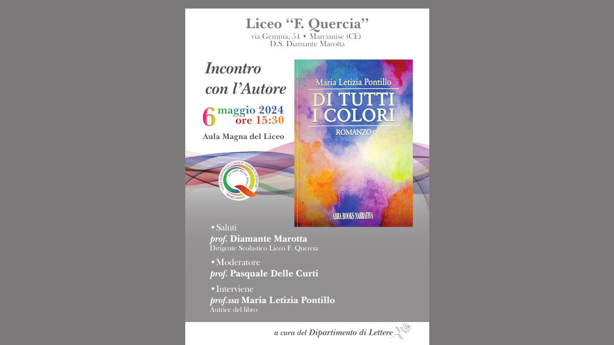 “Incontro con l’autore”: tutto pronto al Quercia per la presentazione di “Di tutti i colori” di Maria Letizia Pontillo