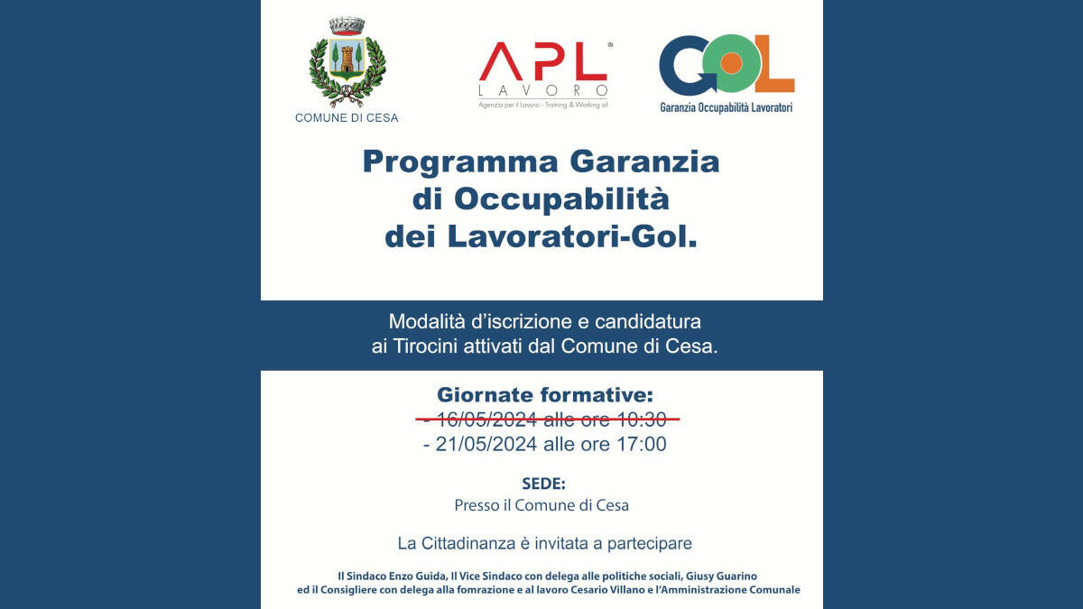 Cesa: Progetti Gol, domani pomeriggio seminario formativo ed assistenza